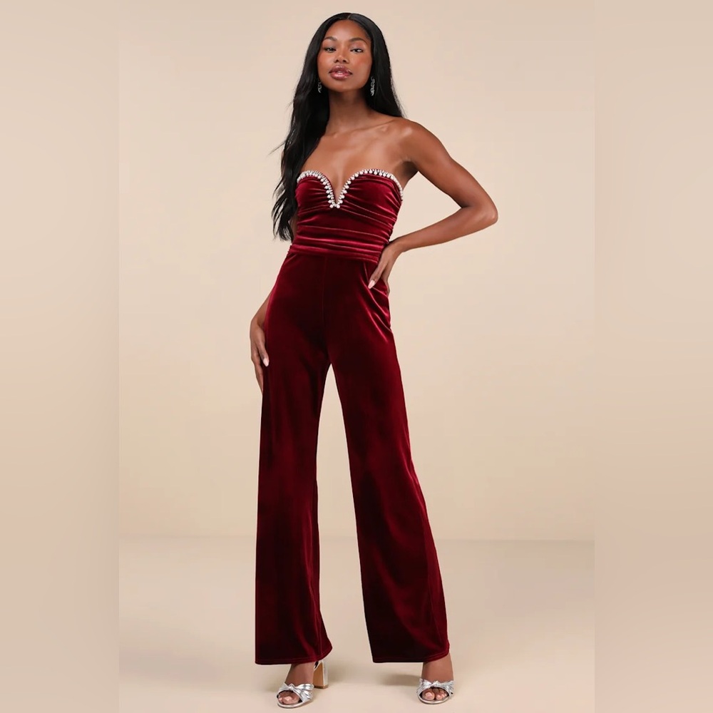 Fabulous Instinct Burgundy Velvet Pearl Strapless Jumpsuit